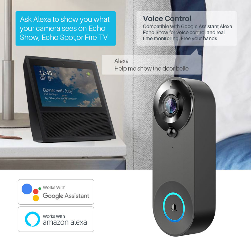 Sonnette de porte sans fil Wifi avec voix fonctionne avec Google  Home/Alexa, 32 Go pré-installée, vision nocturne HD 1080p, détection de  mouvementA